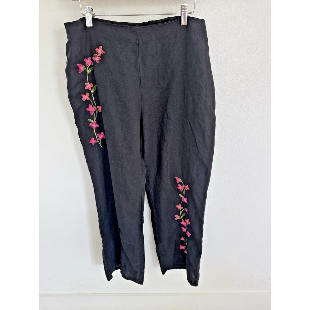 Saint Tropez West Women's Pants 100% Linen Crop Sandal Vacation Black  Sz 12